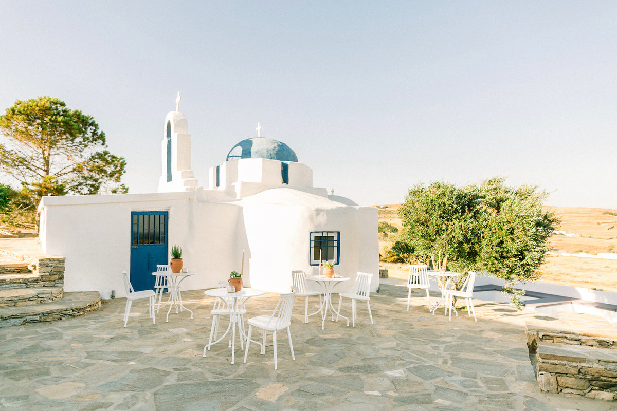 View of the traditional Greek church, at The Secret View, an outdoor, natural, authentic, small wedding venue in Paros, Greece
