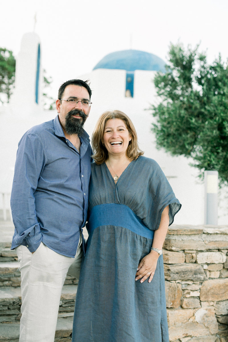 Stella and Nikos Manika, owners of The Secret View, an outdoor wedding venue in Paros, Greece
